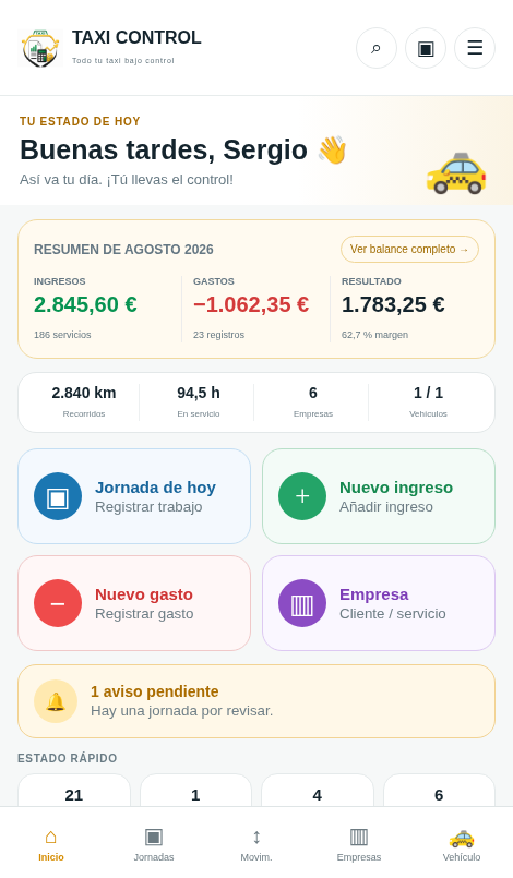 Dashboard real de Taxi Control en móvil con datos de ejemplo