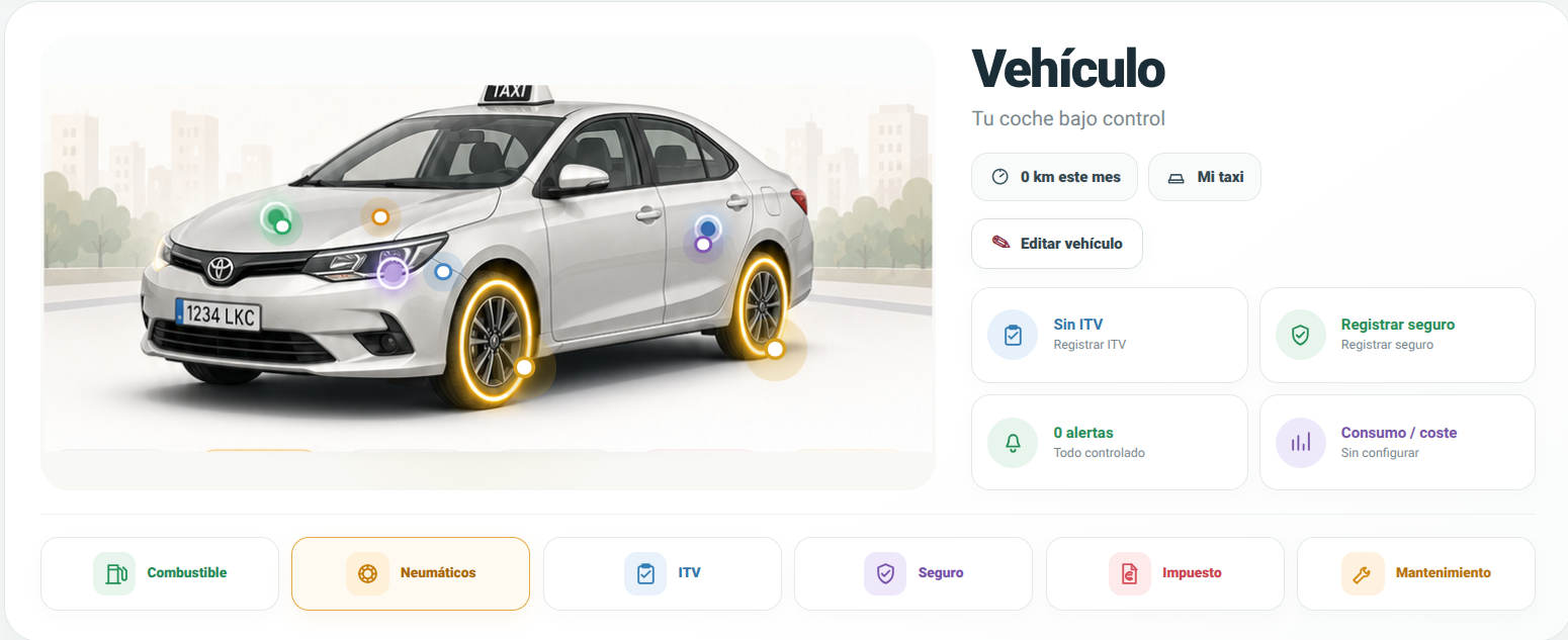 Módulo Vehículo de Taxi Control con datos de ejemplo